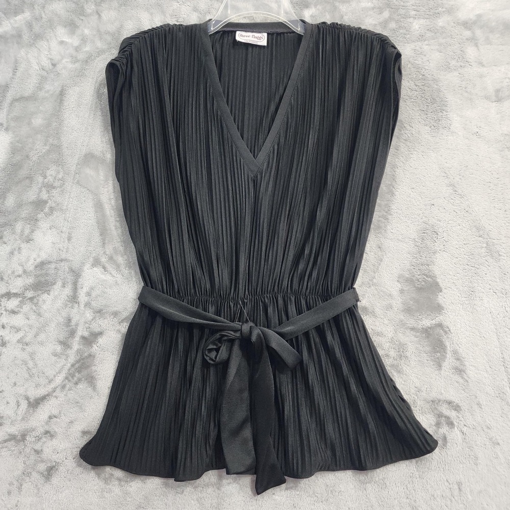 Vintage Three Flaggs Top Womens M Black Plisse Pleated Sleeveless‎ Tie Waist 80s